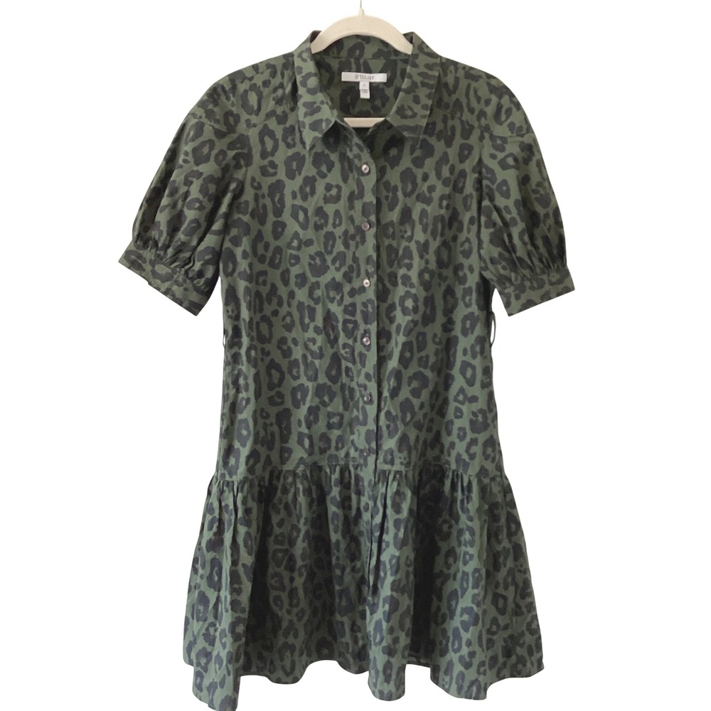 Derek Lam 10 Crosby Green Leopard Print Cotton Shirt Dress Puff‎ Sleeve Size 8